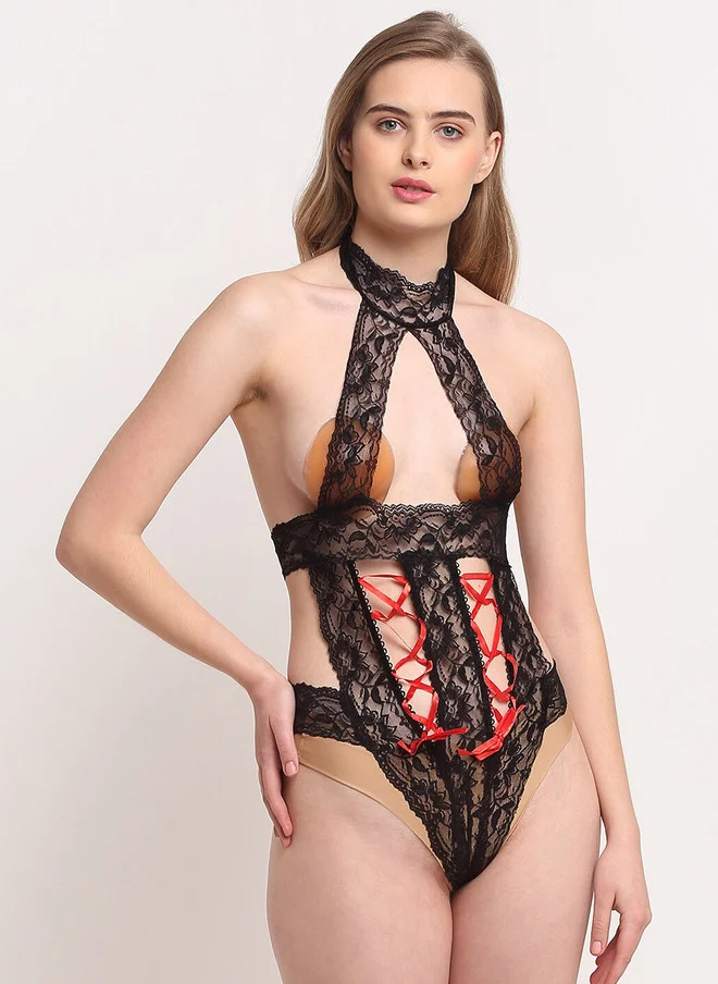 Laceandme Laceandme Black & Red Halter Neck Baby Doll